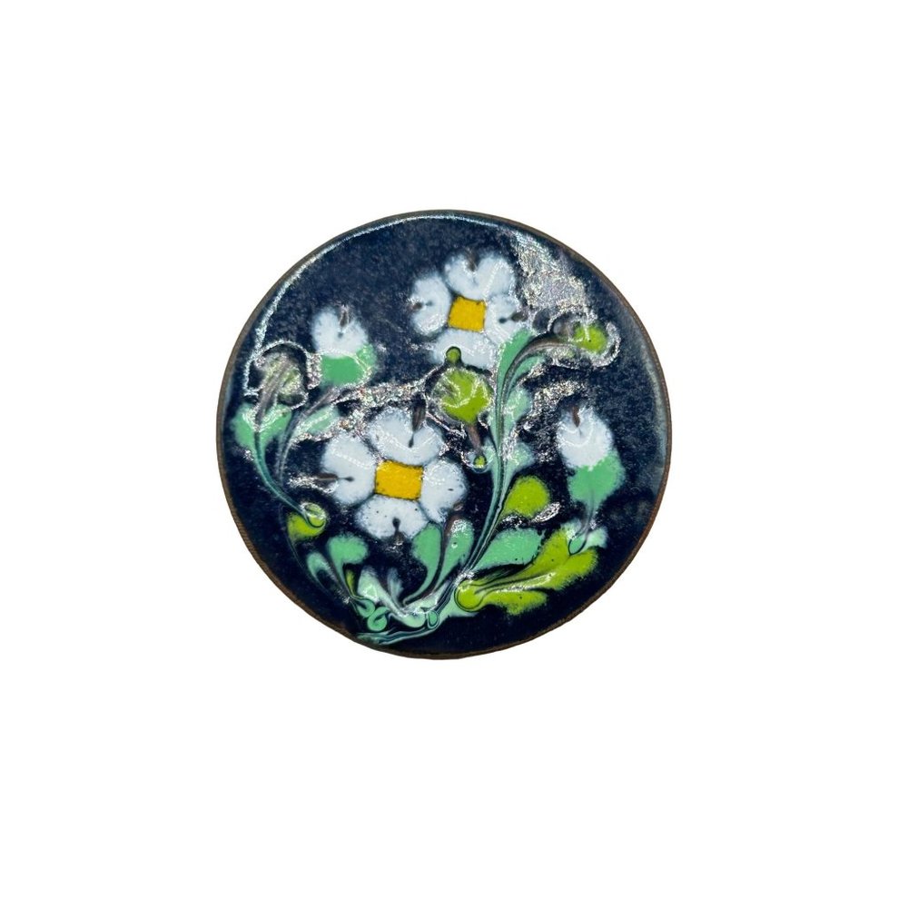 Enamel Over Copper Brooch Flowers White Daisy Design Handcrafted Pin Blue Green